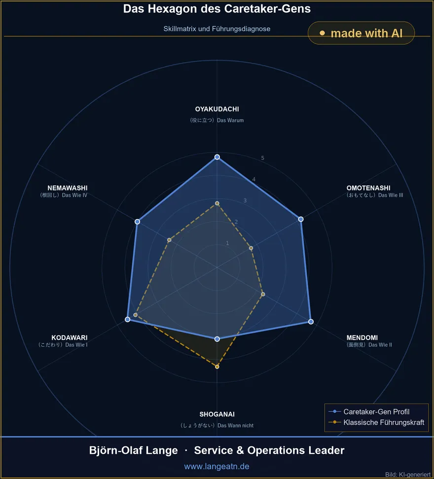 Hexagon-Grafik mit zwei Profilen: dem blauen Caretaker-Typ und dem goldenen ergebnisorientierten Führungsprofil auf den sechs Achsen des Caretaker-Gens