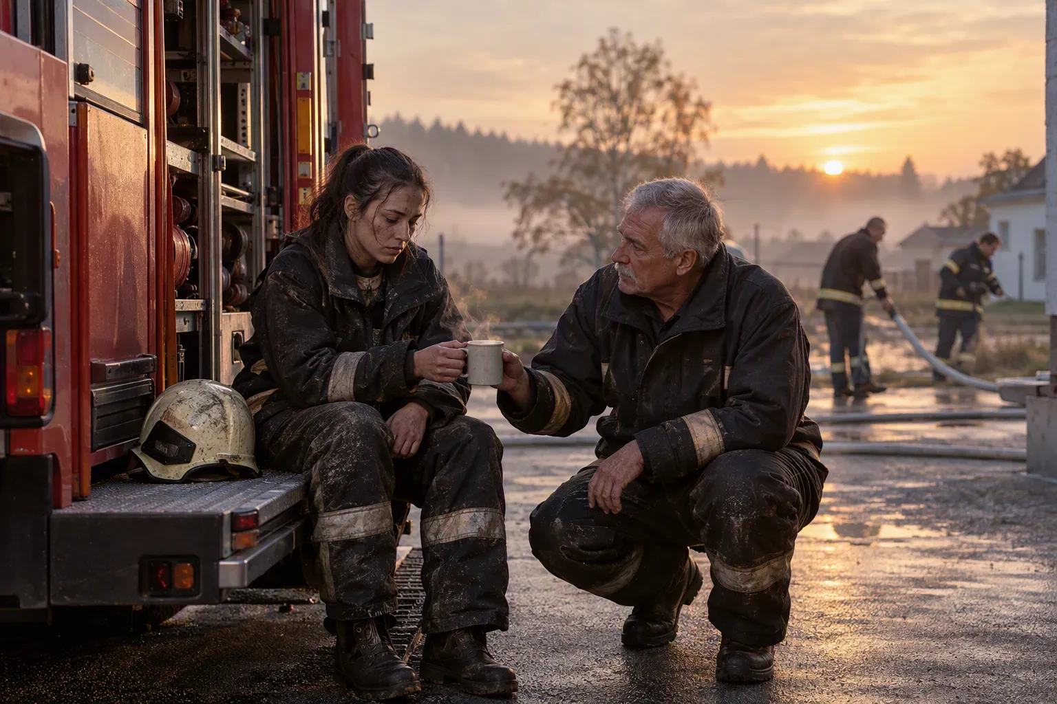Im Morgengrauen nach einem Einsatz reicht ein älterer Feuerwehrmann einer erschöpften jungen Kameradin einen Becher Tee. (Bild mit KI erzeugt)