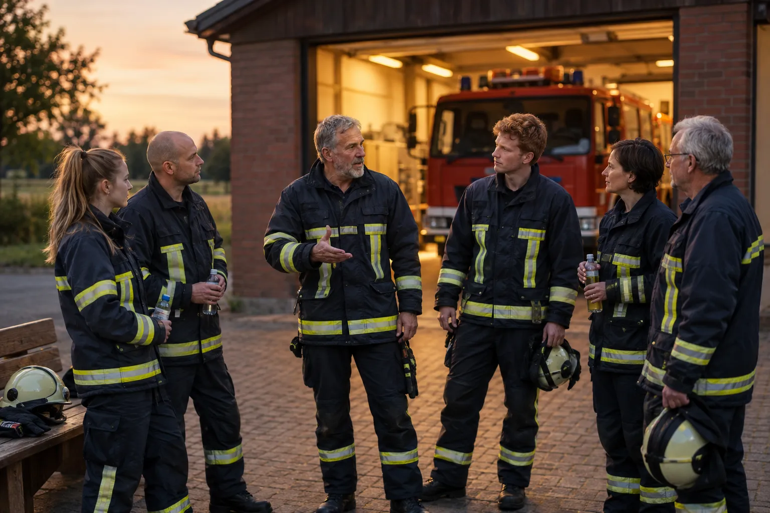 In der Abenddämmerung vor dem offenen Tor eines kleinen Feuerwehrhauses aus Backstein: Sechs Feuerwehrleute in dunkler Einsatzkleidung mit Reflexstreifen stehen im Halbkreis. Ein älterer Mann mit grauem Bart erklärt mit offener Hand, die anderen hören zu, einige halten eine Wasserflasche, Helme liegen auf einer Holzbank. Im erleuchteten Tor steht ein rotes Löschfahrzeug. (Bild mit KI erzeugt)