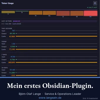 Screenshot des Token Usage Plugins in der Obsidian-Seitenleiste mit Tokenverbrauch-Übersicht und der Banderole Mein erstes Obsidian-Plugin.