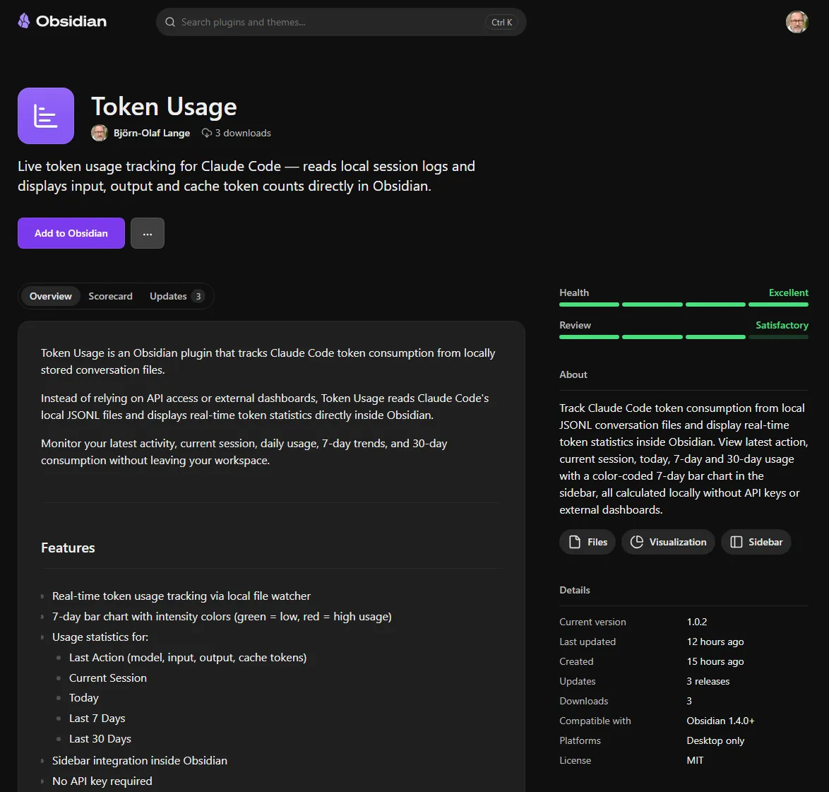 Die Token Usage Plugin-Seite im offiziellen Obsidian Plugin-Verzeichnis, mit 3 Downloads und Health Excellent